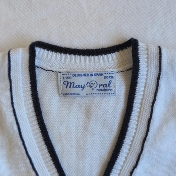 mayoral preppy white cotton knit cardigan sweater with navy trim 1-2 months baby - Picture 2 of 7